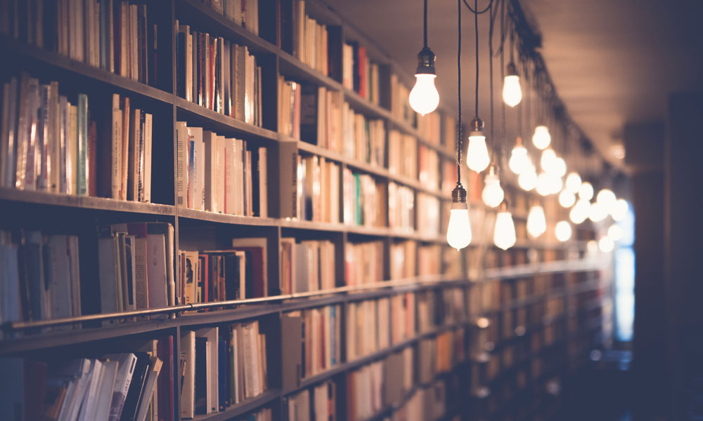 A dimly lit library full of books